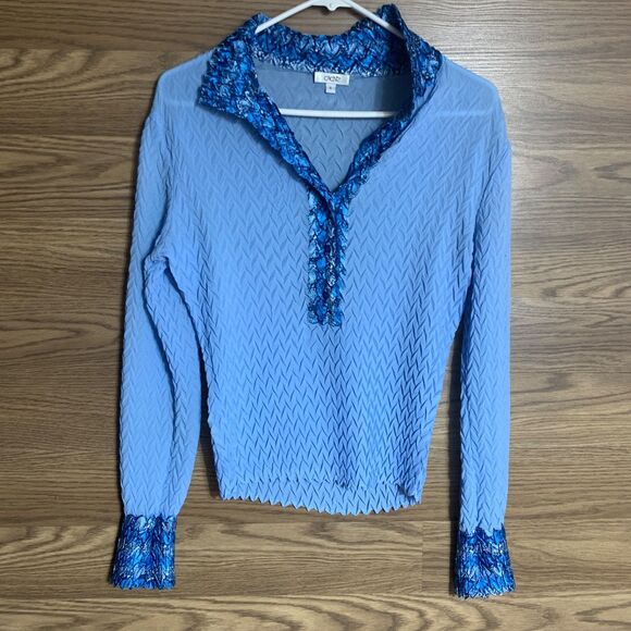 Vintage Caché Blue Crinkle Long Sleeve V-Neck Top Y2K Stretch Size S - Picture 1 of 8